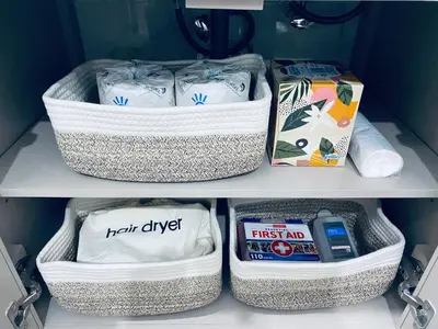 two shelves of a refrigerator with new drugs and first aid at The Luxe Studio in Miami Gardens