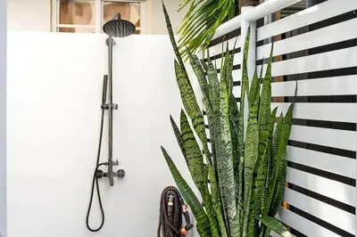 a plant on a wall next to a shower at Versace Mansion Neighbor (Floor 1) Sleeps 9 in Miami Beach