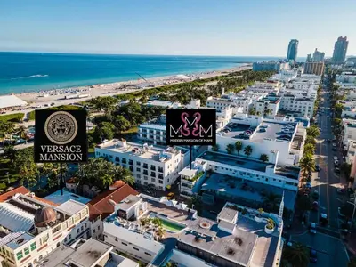 an aerial view of a city with the ocean at Versace Mansion Neighbor (Floor 1,2,3) Sleeps 21 in Miami Beach