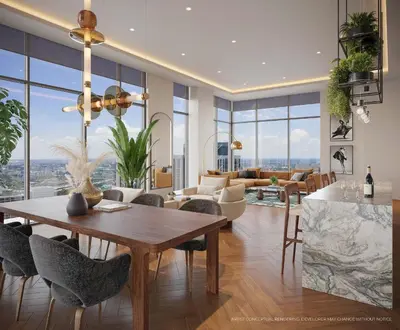 a dining room and living room with a table and chairs at Elegant Condo Near Bayside in Central Miami in Miami