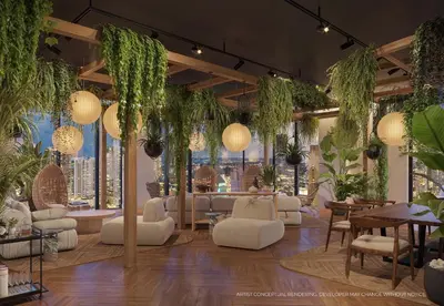 a rendering of a living room with plants and furniture at Elegant Condo Near Bayside in Central Miami in Miami