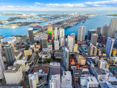 an aerial view of a city with a river and buildings at Miami Skyline 1BR Sleeps 4 with Elite Amenities in Miami