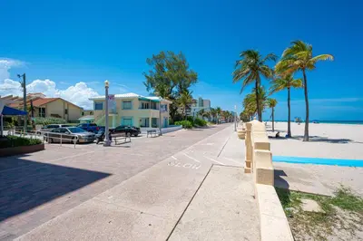 a street in front of a beach with palm trees at Vista Del Mar - by Atlantikos in Hollywood
