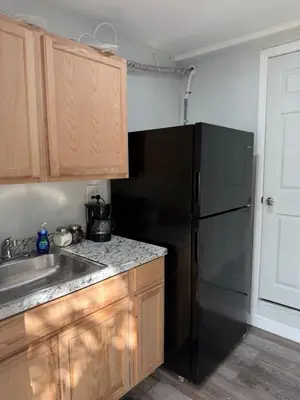 a kitchen with a black refrigerator and a sink at Modern private efficiency Miami Gardens in Miami Gardens
