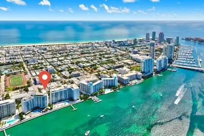 an aerial view of a city with a harbor at Bright 1BR Miami Beach Stay Near the Ocean in Miami Beach