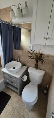 a bathroom with a toilet and a sink and a mirror at Cozy private 2BR Home with Outdoor space and BBQ grill in Hollywood