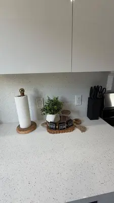 a kitchen counter with two vases and a plant on it at 78 Tropical soak in Miami
