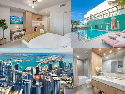 a collage of three pictures of a hotel room at Modern MIA Worldcenter Studio with Balcony Pool & Gym in Miami