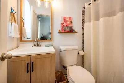 a bathroom with a toilet and a sink and a mirror at Tropical Retreat with Private Yard, Fire Pit, Hammock in Hollywood