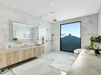 a bathroom with a tub and a large window at Luxury Pool Home - Downtown Brickell in Miami
