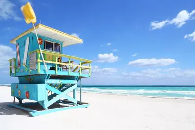 a life guard stand on the beach at Clevelander Hotel in Miami Beach
