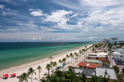 a view of a beach with palm trees and the ocean at Hollywood Beach Marriott in Hollywood