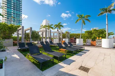 a row of lounge chairs on a lawn with palm trees at Liberty Park Hotel South Beach in Miami Beach