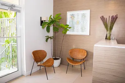 a kitchen with two chairs and a plant at Riviere South Beach Hotel in Miami Beach