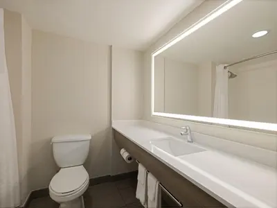 a bathroom with a toilet and a sink and a mirror at Holiday Inn Express Hotel & Suites Ft. Lauderdale-Plantation by IHG in Plantation