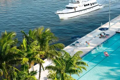 a cruise ship in the water with palm trees at DoubleTree Resort Hollywood Beach in Hollywood