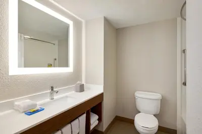 a bathroom with a toilet and a sink with a mirror at Holiday Inn Express & Suites Pembroke Pines-Sheridan St by IHG in Pembroke Pines