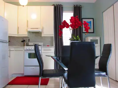 a kitchen with a table with black chairs and red flowers at Ocean Breeze in Miami Beach