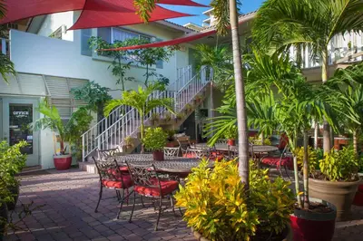 an outdoor patio with tables and chairs and palm trees at The Big Coconut Guesthouse - Gay Men's Resort in Fort Lauderdale