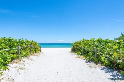 a pathway to the beach with the ocean in the background at Bluebird Suites Monte Carlo Miami Beach in Miami Beach