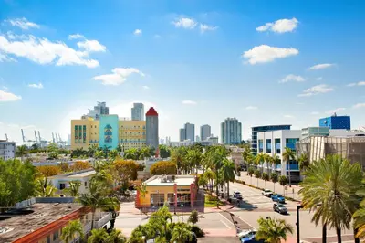 a city skyline with palm trees and buildings at Modern Ocean Drive Condo in the Heart of Sobe! in Miami Beach
