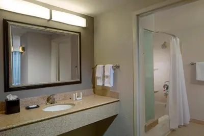 a bathroom with a sink and a mirror and a shower at Courtyard by Marriott Fort Lauderdale Airport & Cruise Port in Dania Beach
