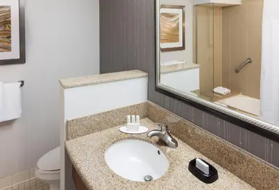 a bathroom with a sink and a toilet and a mirror at Courtyard by Marriott Miami at Dolphin Mall in Miami