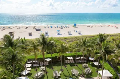 an aerial view of a beach with palm trees at Hilton Bentley Miami South Beach in Miami Beach
