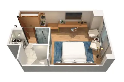a rendering of a small apartment with a room at The Dalmar, Fort Lauderdale, a Tribute Portfolio Hotel in Fort Lauderdale