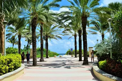people walking down a sidewalk with palm trees at Penthouse De Soleil South Beach - on Ocean Drive Miami Beach in Miami Beach
