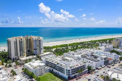 an aerial view of the beach and buildings at Penthouse De Soleil South Beach - on Ocean Drive Miami Beach in Miami Beach