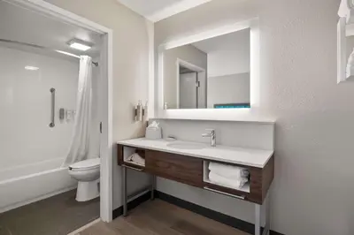 a bathroom with a sink and a toilet and a mirror at Hampton Inn Weston Fort Lauderdale in Weston