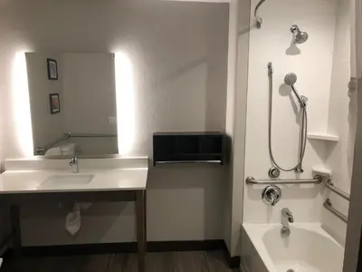 a bathroom with a sink and a shower at Comfort Suites Fort Lauderdale Airport & Cruise Port in Dania Beach