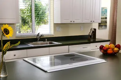 a kitchen with a sink and a bowl of fruit on a counter at The Cabanas Guesthouse & Spa - Gay Resort catering to Gay Men in Fort Lauderdale
