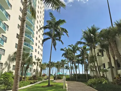 a walkway in front of a building with palm trees at THE TIDES 2bedrooms apt 14th floor WE ARE ON THE BEACH! in Hollywood