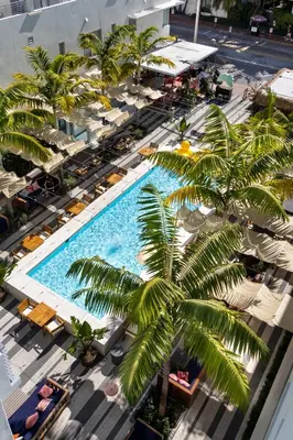 an overhead view of a swimming pool with palm trees at The Fairwind Hotel in Miami Beach