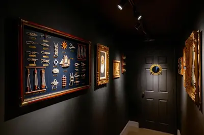 a hallway with pictures on the wall and a door at The Captain's Quarters - Home & Guesthouse in Fort Lauderdale