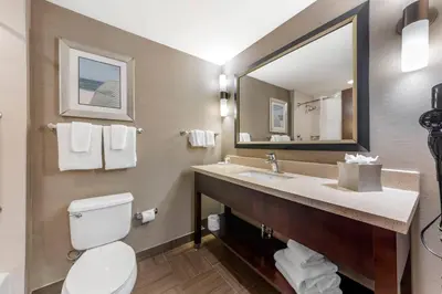 a bathroom with a toilet and a sink with a mirror at Comfort Suites Miami Airport North in Miami