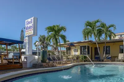 a pool at a hotel with a sign and palm trees at Shell Motel Hollywood in Hollywood