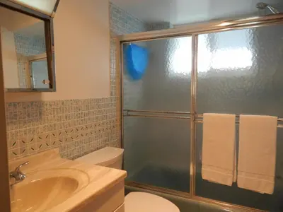 a bathroom with a shower and a sink and a toilet at Shell Motel Hollywood in Hollywood