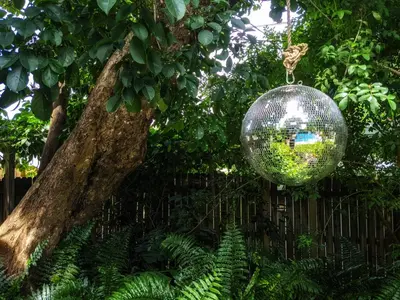 a disco ball hanging from a tree in a garden at Casa del Ojo- Heated Pool - 3 King beds in Fort Lauderdale