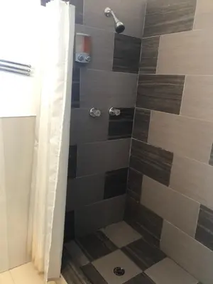 a bathroom with a shower with brown tiles at Close to Everything Miami in Miami