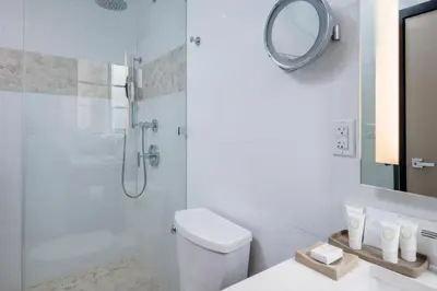 a bathroom with a shower and a toilet and a mirror at The Marlin Hotel in Miami Beach