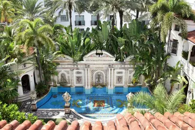 an aerial view of a house with a swimming pool at The Villa Casa Casuarina in Miami Beach