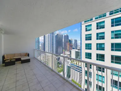 a balcony with a view of a city skyline at Beautiful Apartment in the Heart of Brickell in Miami