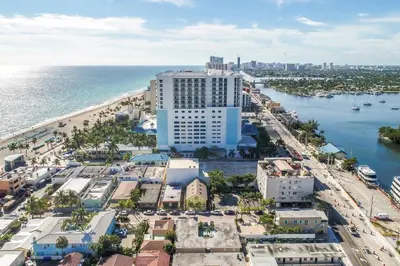 an aerial view of a city and the ocean at Modern studio wqueen bed beach views in Hollywood