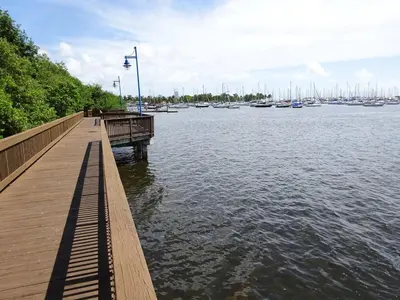 a wooden pier with boats in the water at City View Balcony steps from Restaurants, Peacock Park & Marina in Miami