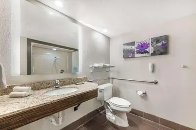a bathroom with a toilet and a sink and a mirror at Sleep Inn Miami Airport in Miami