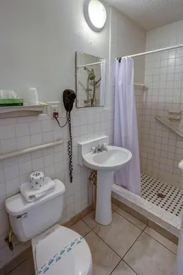 a bathroom with a toilet and a sink and a shower at Richard's Motel Studios in Hollywood