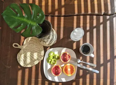 a table with a plate of fruit and a plant at Flamingo Place - One block to Lauderdale Marine Center - 3 bedroom - 2 bath - King bed in Fort Lauderdale